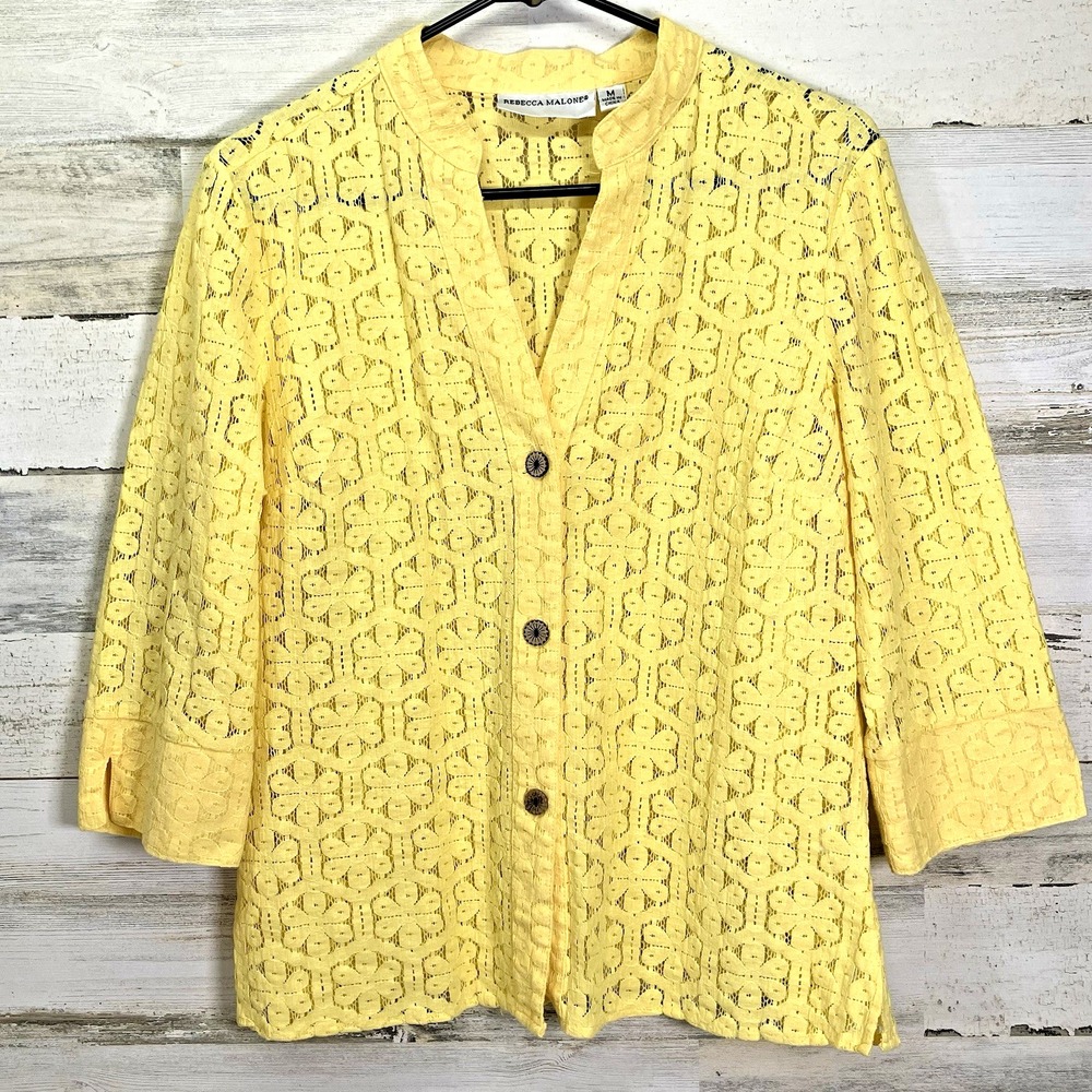 Rebecca Malone Womens Yellow‎ Lace Floral Mandarin Collar 3/4 Slv Shirt Size M